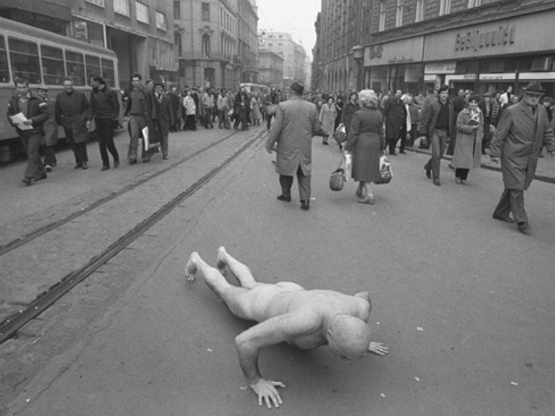 art perfomance, man laying naked on street in zagreb